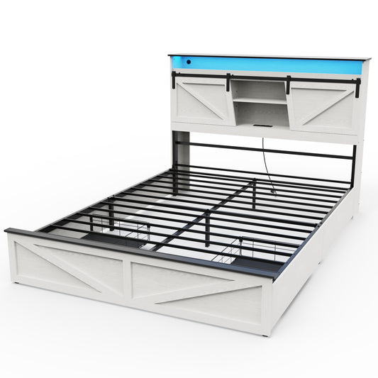 Farmhouse Queen Size Bed Frame with Storage Headboard and Drawers,Charging Station & LED Lights,White