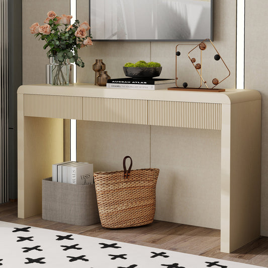 TREXM Rustic Console Table with 3 Fluted Drawers - Solid Wood Veneer Entryway Table Featuring Natural Wood Grain for Living Room, Hallway (Apricot)