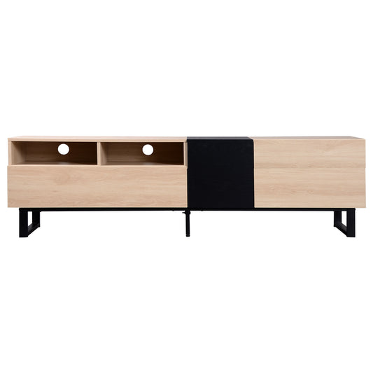 Modern TV Stand for 80'' TV with Double Storage Space, Media Console Table in Natural Wood Finish, Particle Board Construction, 70.9'' L x 15'' W x 19.7'' H