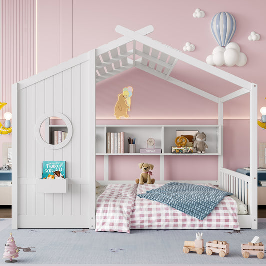 Full Size Floor House Bed for Toddler, Kids Montessori Bed with Storage Shelf, Playhouse Bed with Roof Design, White