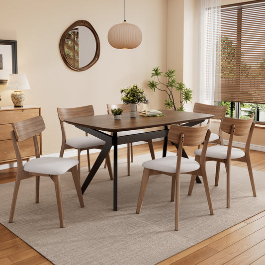 7-Pieces Upholstered Dining Set With Rubberwood Frame, Light beige+Walnut+Black