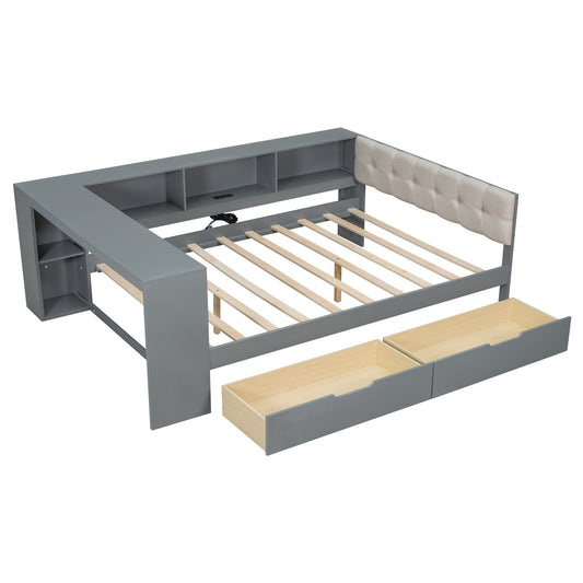Gray Upholstered Headboard Wood Full Size Platform Bed with Storage Shelves, Drawers, Charging Station, Solid Pine Wood+MDF
