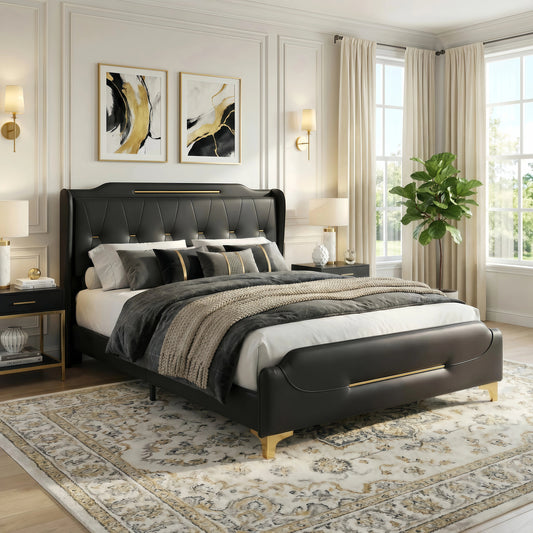 Modern Upholstered Bed Frame, Queen Size Platform Bed with Wingback Headboard, PU Leather Upholstery, No Box Spring Needed, Noise Free, Easy Assembly, Heavy Duty Bed Frame for Bedroom,Black