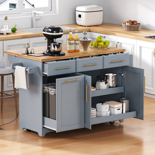 K&K 59.3' Kitchen Island with 2 Pull Out Cabinet Organizers & Rubber Wood Drop Leaf, Rolling Kitchen Island with Trash Can Storage, Power Outlet, Spice & Towel Rack for Kitchen, Dining, Grey Blue