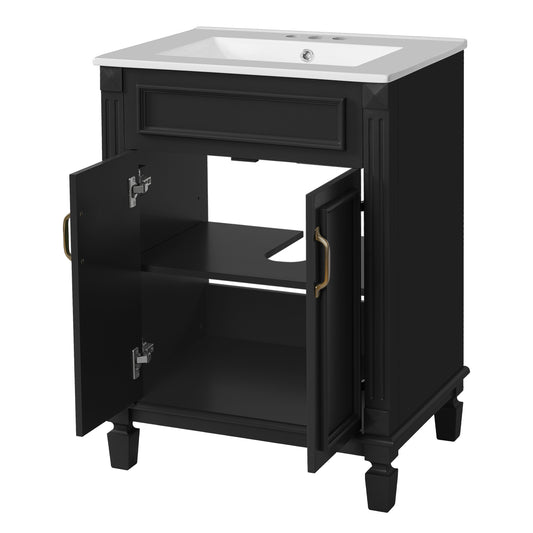 Modern 24'' Bathroom Vanity with Top Sink, Solid Wood Frame Cabinet with 2 Soft-Closing Doors, Glossy Ceramic Basin in Black Finish