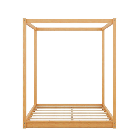 Natural Pine Wood Queen Size Canopy Platform Bed with Support Legs and Airflow Slats