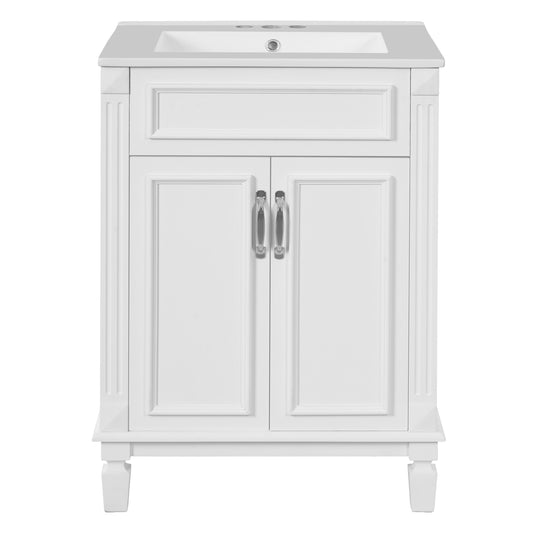 Modern 24'' Bathroom Vanity with Top Sink, White Ceramic Basin, Solid Wood Frame & MDF Cabinet, 2 Soft-Closing Doors, Adjustable Shelf
