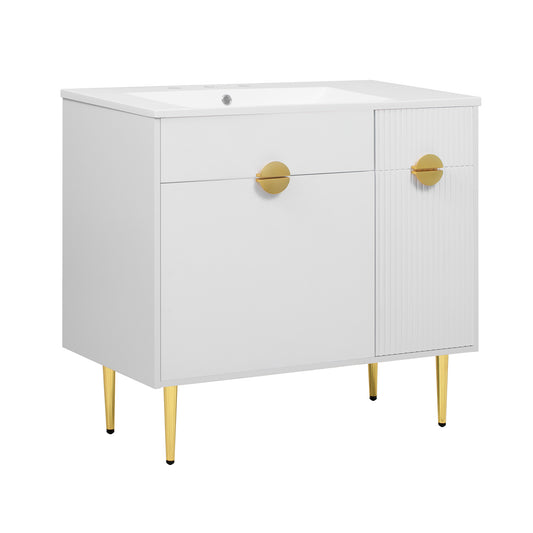 Modern 36' White Bathroom Vanity with Resin Basin Sink, Storage Cabinet featuring Soft-Closing Door and Drop-Down Compartment, Solid Wood and MDF Construction