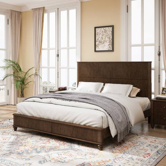 Solid Wood Bed Frame,King Platform Bed Frame with Headboard,Tall Headboard Natural Wood Bed ,No Box Spring Needed,Walnut
