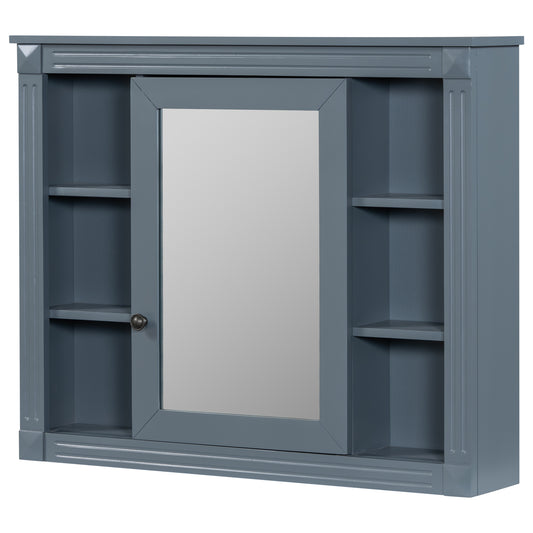 Modern Blue Wall Mounted Bathroom Storage Cabinet with Mirror, 35'' x 28'' MDF and Solid Wood Cabinet with 6 Open Shelves and Adjustable Interior