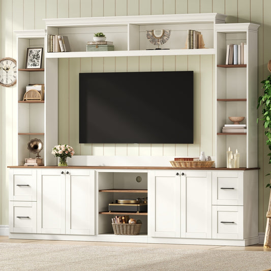 4-in-1 Entertainment Center Wall Unit with Bookshelf for TVs Up to 70', Farmhouse Large TV Stand with Walnut Adjustable Shelves, Elegant Retro Media Console with Drawers for Living Room, White