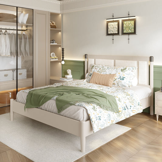 Solid Wood Queen Bed, Heavy Duty 500 lbs Support, No Box Spring Needed, grey Upholstered Headboard with Metal Handles