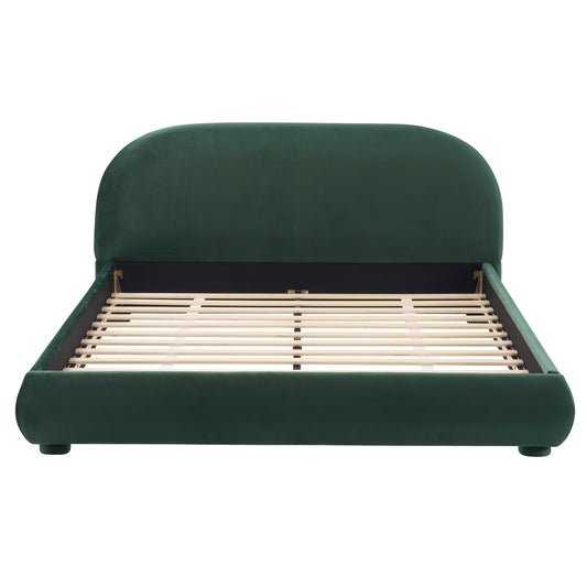 Dark Green Velvet Soft Bed with Curved Headboard, Light Luxury Texture in Green Fabric, Foam and Wood Frame, Queen Size