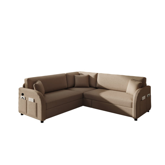 85.1' L-Shaped Sofa Couch with Pull-Out Bed,Oversize Convertible Sleeper Sofa with side Pocket & USB Port,Teddy Upholstered Sectional Couches, for Living Room, Apartment, Office,Brown
