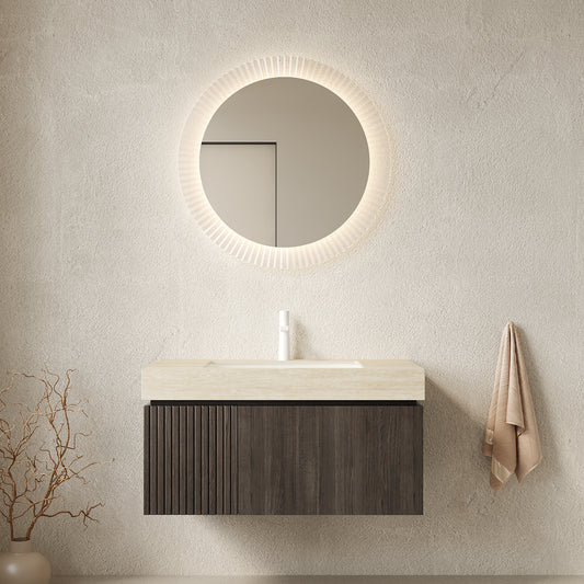 MURI 36' Bathroom Vanity&Sink, Floating Plywood Storage Cabinet with Drawer&Door, Roma Travertine Sintered Stone Top&Ceramic Basin with 1 Pre-drilled Faucet Hole, Pre-assembled, Espresso Woodgrain