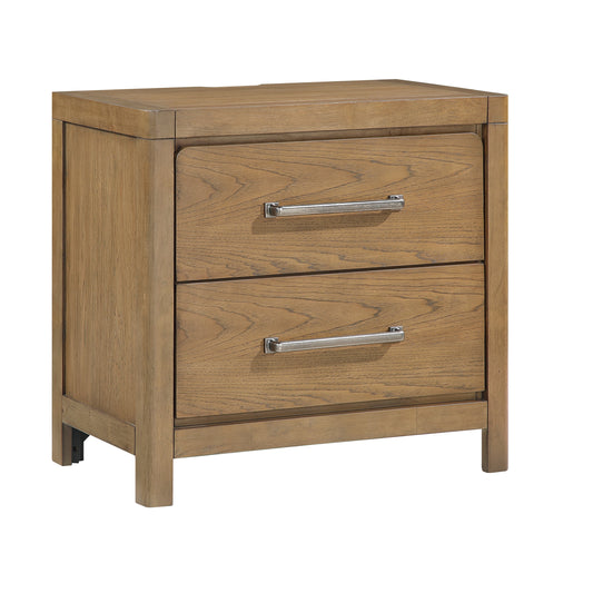 Light Brown Finish 2-Drawer Nightstand with Power Outlets USB Ports Modern Bedroom Furniture 1pc Bedside Table