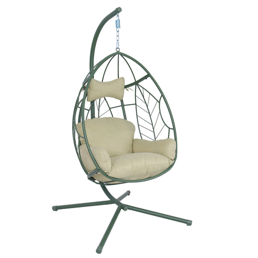 Steel Frame Hanging Egg Chair with Leaf Pattern, Outdoor Hammock Swing Chair with Soft Cushion for Patio, Backyard and Balcony