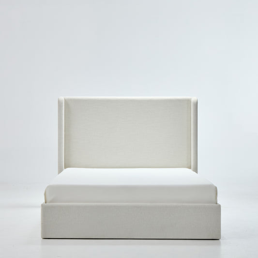 Carmen Upholstered Wingback Bed Frame in Textured Ivory Canvas Chenille, Minimalist Design with 53.5' High Headboard, Full Size, No Box Spring Needed, Easy Assembly