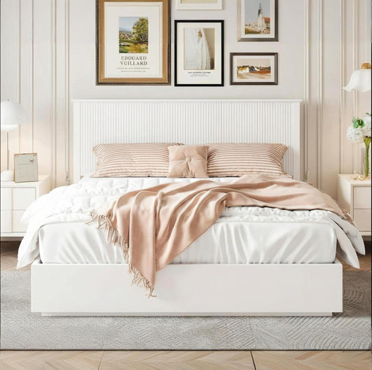 Stylish King Size Bed Frame - White Solid Wood King Bed, 600lbs Weight Limit, Compatible with 8 - 10' Mattress, Contemporary Bedroom Furniture