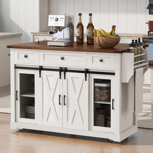 K&K 58' Farmhouse Kitchen Island with Storage, Sliding Barn Door & Metal Grid Side Door, Rolling Kitchen Island on 5 Wheels with Spice Rack, Glass Holders,Island Table with Drop Leaf for Kitchen,White