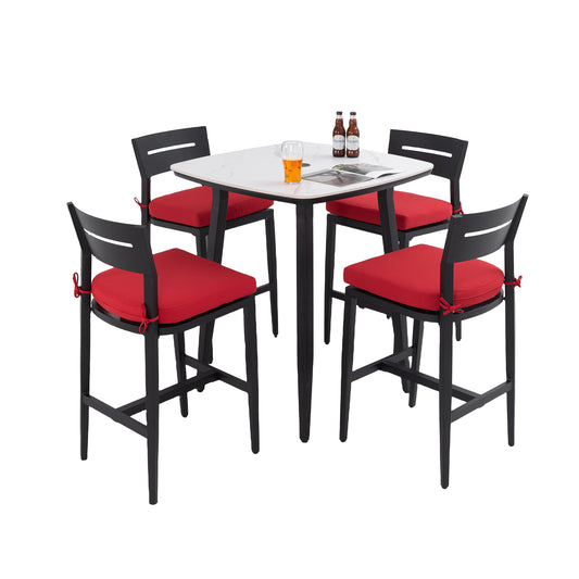 Modern 5PC Outdoor Patio Bar Set, Rounded Square 35.4'' Sintered Stone Table & 4 Aluminum Bar Stools, Ember Black, Greek White Marble-Inspired Top, Tapered Legs, Sunbrella Cushion, Weather-Resistant