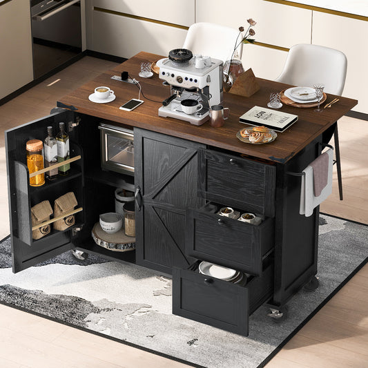 K&K 54.5' Farmhouse Kitchen Island with Power Outlet, Kitchen Storage Island with Internal Storage Rack, Drop Leaf, Spice Rack, Rolling Kitchen Cart on Wheels, for Home, Kitchen and Dining Room,Black