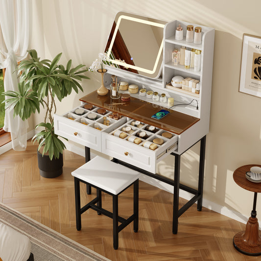 Makeup Vanity with LED Lighted Mirror, 360° Rotatable Mirror, Vanity Desk with 2 Drawers,Power Outlet and 3-Tier Shelves, Amber Glass Table Top, Dressing Table with Sturdy Metal Leg and Stool, White