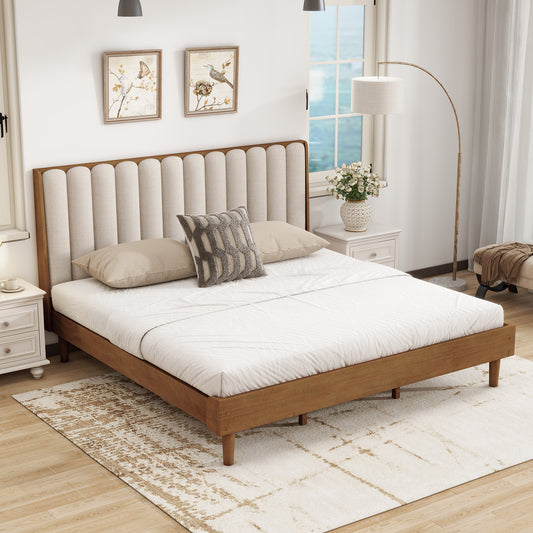 King Size Wood Bed with Piano Key Style Upholstered Headboard , Wood Bed with Strengthened Bed Frame ,Wheat(Old Sku W504S00258)
