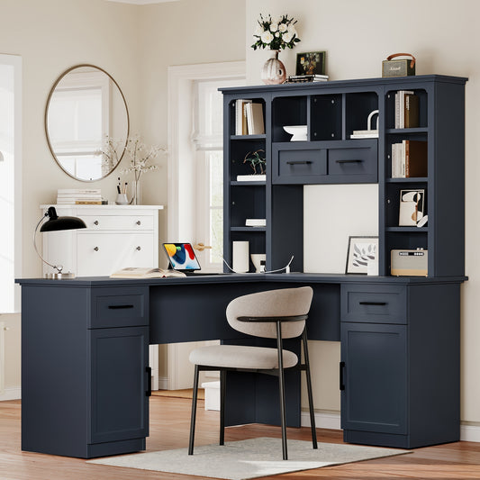 L-Shaped Computer Desk with 2 Cabinets and 2 Drawers, 11 Open Shelves and 1 Right Flip Shelf with Storage, with Power Outlet, for Study, Living Room and Office, Antique Blue