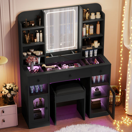 43.2' Vanity Desk with LED Mirror and Lights, Glass Top Vanity with RGB Glass Light Cabinets, Dressing Table with 3 Drawers ,Storage Shelves and Stool for Bedroom, Black