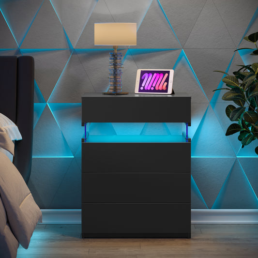 Nightstand with LED Lights, Adjustable Light Colors, Bedside Table, Side Table with 4 Drawers, Modern Style,Black