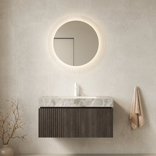 MURI 36' Bathroom Vanity&Sink, Floating Plywood Storage Cabinet with Drawer&Door, Light Gray Sintered Stone Top&Ceramic Basin with 1 Pre-drilled Faucet Hole, Pre-assembled, Espresso Woodgrain Color