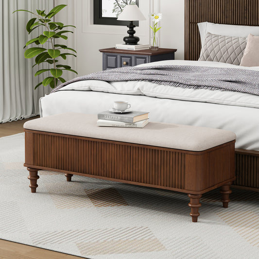 50.8-inch Multi-Functional Storage Ottoman Bench-Solid Rubberwood Bed End Bench with Linen Seat, Storage Bench for Bedroom, Entryway Shoe Organizer for Bedroom, Living Room, Entryway, Closet, Walnut