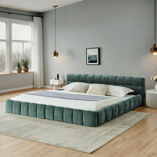 California King size Upholstered Bed Frame with Thick Fabric, Chenille Fabric Grounded California King Platform Bed with Headboard and Solid Frame. No Box Spring Needed-Blue Green-(90.5''*80.5''*31'')