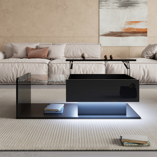 Coffee table, high-gloss black, side table, coffee table with glass and LED effect, with glass top