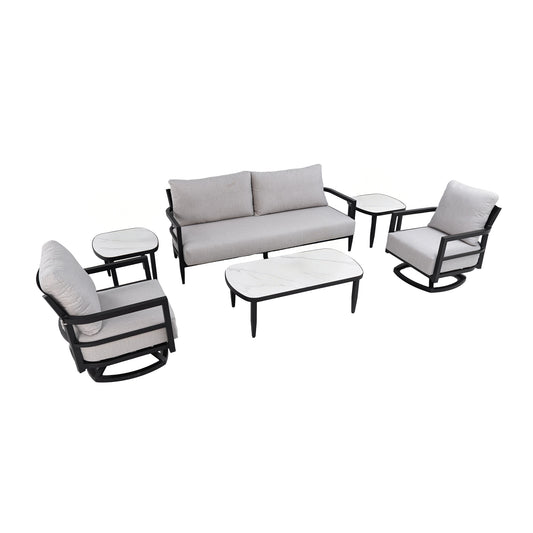 Outdoor Conversation Set with 360° Swivel Chairs, Bench Sofa, Marble-Inspired Stone Tables, Ember Black Aluminum Frame & Cast Silver Sunbrella Cushions