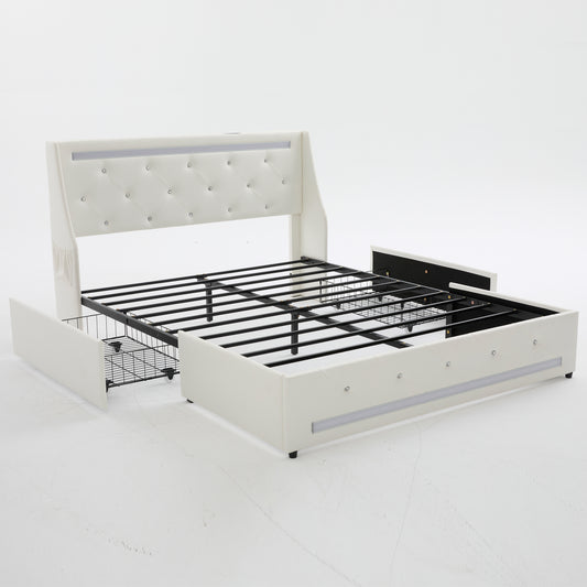 White Wingback Upholstered Diamond Headboard Full Bed Frame with LED Lights, Charging Station & 2 Storage Drawers, Metal Slats Support, Noise-Free Assembly