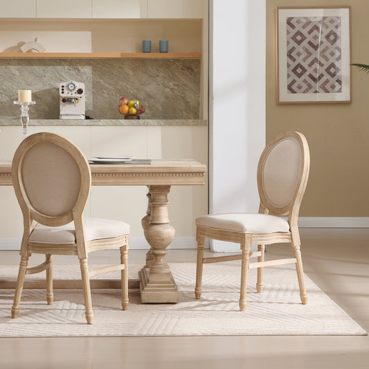 French Country Dining Chairs Set of 2, Upholstered Chairs with Round Back, Wire drawing and carving techniques ,Disassemblable and Stackable, for Living Room, Kitchen , Restaurant Use, Beige