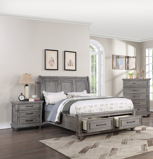 Eastern King Size Bed w Underbed Drawer 2x Nightstands Vintage Look Antique Gray Oak Contemporary 3pc Bedroom Set