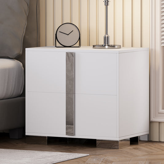 Modern End Table with Drawers, Elegant Nightstand with Metal Foot,Wood Bedside Table with Mirrored Metal Handles,Sofa Side End Table for Bedroom Living Room Office,White