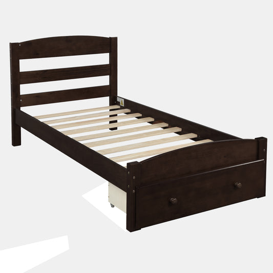 Espresso Platform Twin Bed Frame with Storage Drawer and Wood Slat Support, No Box Spring Needed