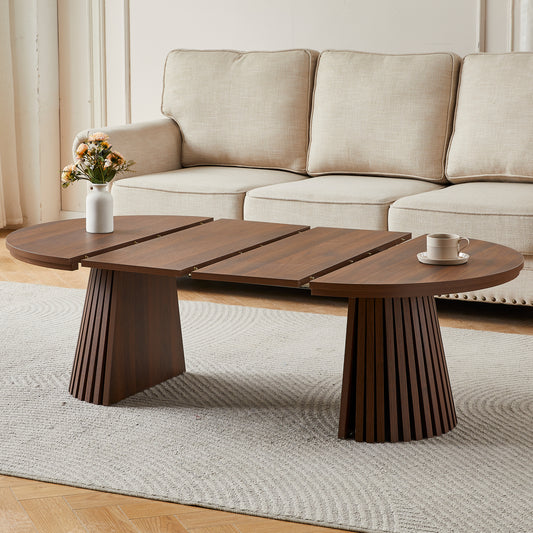 Wooden Round Wooden Coffee Table, Flexible and Extendable, Multi-functional and Space-saving, Fashionable Oval Design and Slatted Table Legs, Tea Table or Office Desk, Modern Living Room Center Table