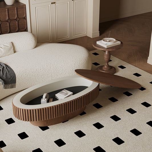 47'' Oval Coffee Table with Storage Solid Wood Veneered Modern Coffee Table Accent Tea Table for Living Room, Bedroom, Apartment or Office, Walnut