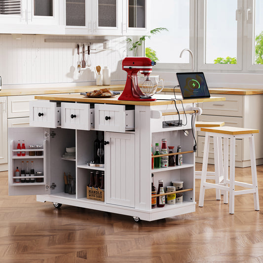 K&K 53inch Large Kitchen Island with 2 Bar Stools, Power Outlet,Door Internal Storage Rack, Kitchen Storage Cart on 5 Wheels with Drop Leaf, 5 Open Side Racks, 3 Drawers,White(Three Packages)