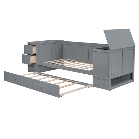 Gray Twin Size Daybed with Storage Arms, Trundle, Charging Station, Solid Wood+MDF