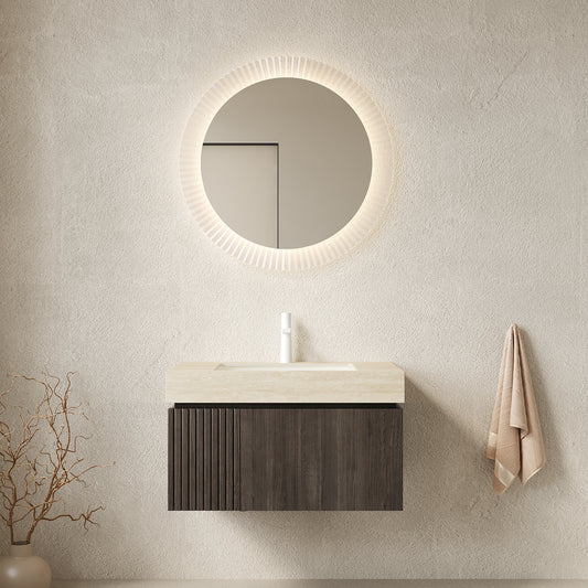 MURI 30' Bathroom Vanity&Sink, Floating Plywood Storage Cabinet with Drawer&Door, Roma Travertine Sintered Stone Top&Ceramic Basin with 1 Pre-drilled Faucet Hole, Pre-assembled, Espresso Woodgrain