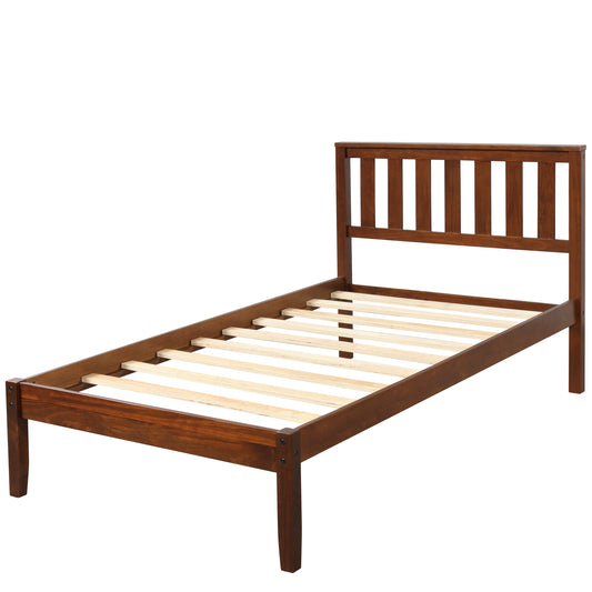 Minimalist Wood Platform Bed with Headboard and Wood Slat Support in Walnut, Twin Size