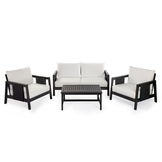 4-Pieces Outdoor Sofa Set with Cushions Outdoor Loveseat & Coffee Table Set – Acacia Wood Frame with Black Textilene, Water-Repellent White Cushions (Dark Grey Finish) for Patio/Backyard/Deck