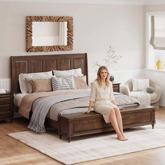 King Bed Frame with Tall Headboard and Storage Bench,Soild Wood Sleigh Bed with 79' Storage Chest,No Box Spring Needed, Wanlut