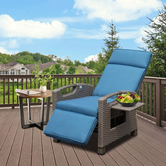 Outdoor Recliner Chair, Patio Recliner with Hand-Woven Wicker, Flip Table Push Back, Adjustable Angle, Thickness Cushions, Reclining Lounge Chair for Indoor and Outdoor, Navy Blue